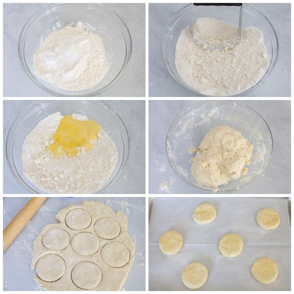 6 pictures showing how to make the biscuit dough and cut it into circles. 