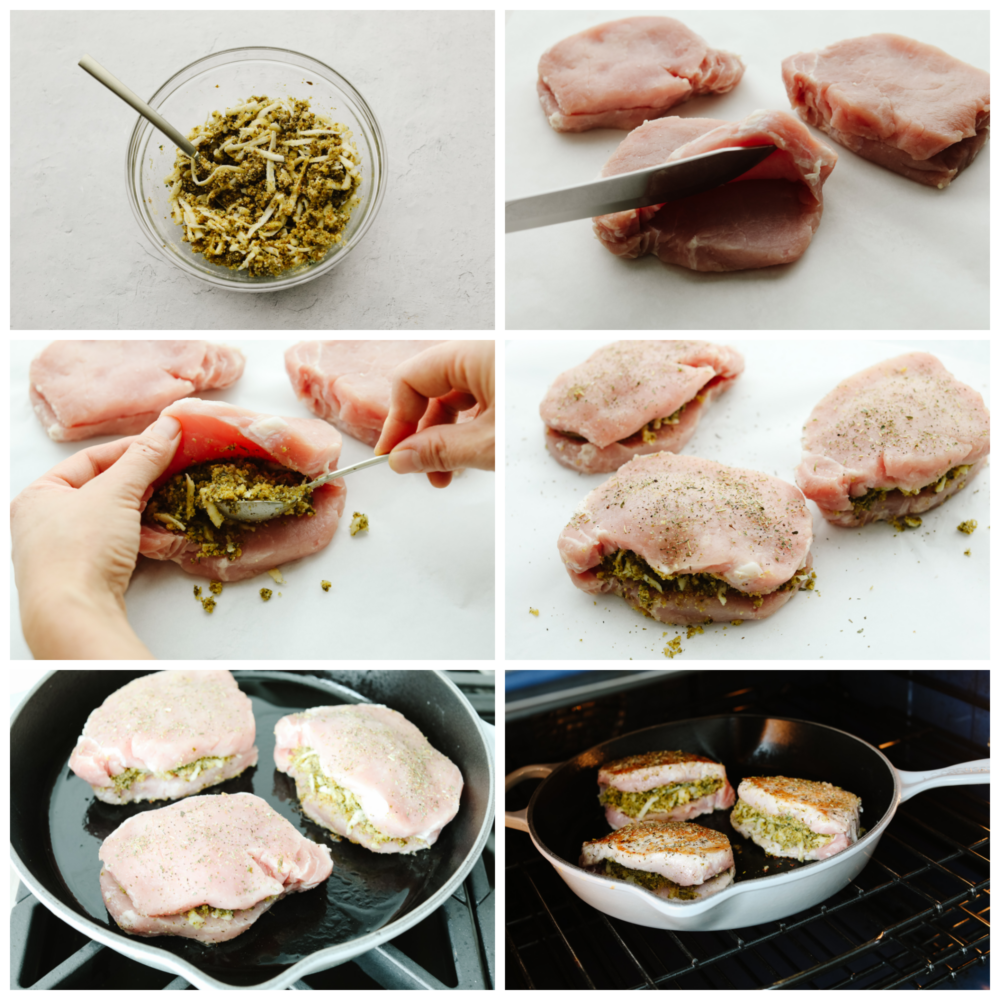 6 pictures showing how to cute pork chops, fill them with ingredients and brown them on the skillet. 