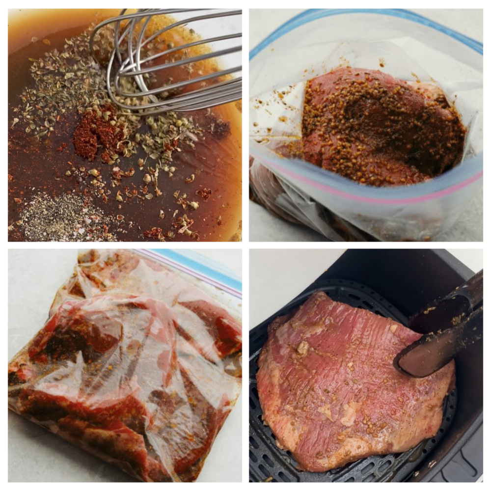 4-photo collage steak, marinated and added to the fan basket.