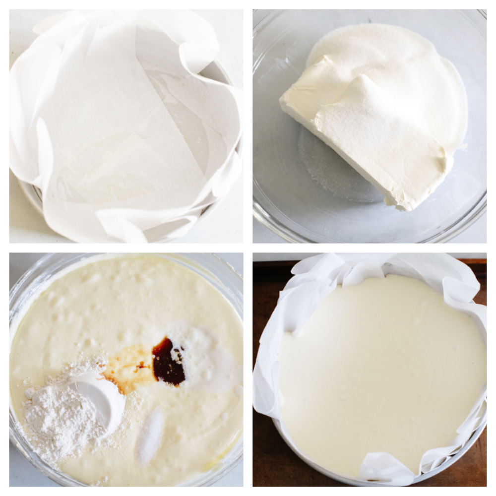 Four process shots of how to make Basque cheesecake.  The first photo is the prepared pan with parchment paper inside. The second photo is cream cheese and sugar in a large bowl.  The third photo is the blended ingredients in a bowl with flour and vanilla on top of the ingredients to be mixed.  The fourth photo is a top view of the mixed ingredients in the prepared pan.
