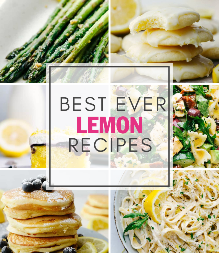 A collage of 6 lemon recipe pictures with a graphic that says "best overly lemon recipes". 