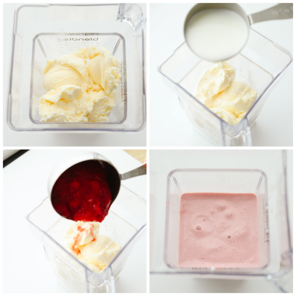 4 pictures showing how to add all of the ingredients to a blender and blend. 