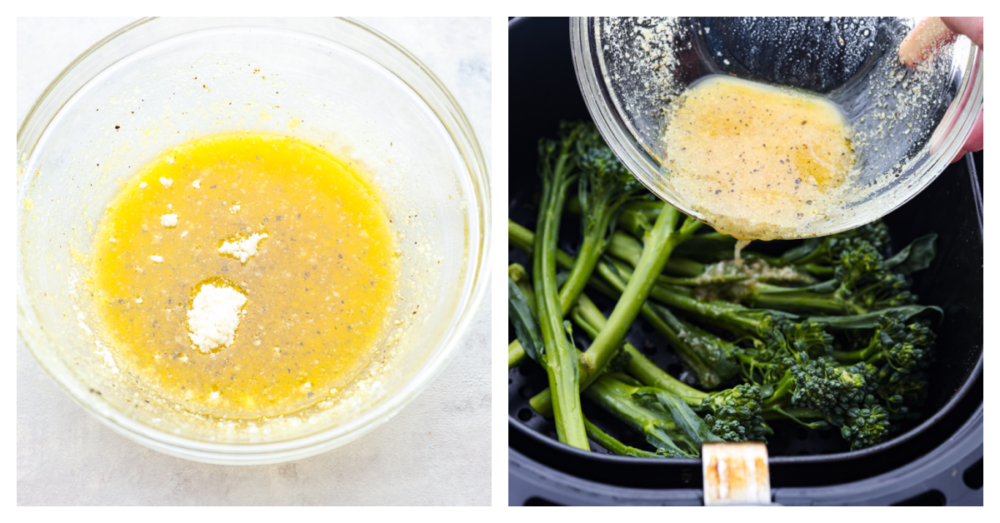 2 pictures showing how to make the seasoning sauce and how to pour it onto the broccolini. 