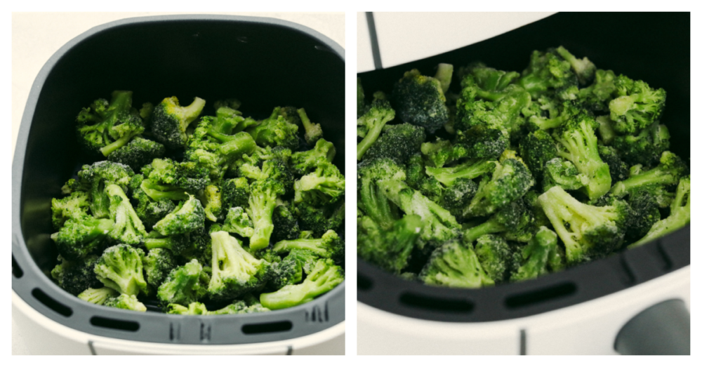 2 pictures showing how to add and cook froen broccoli in the air fryer. 