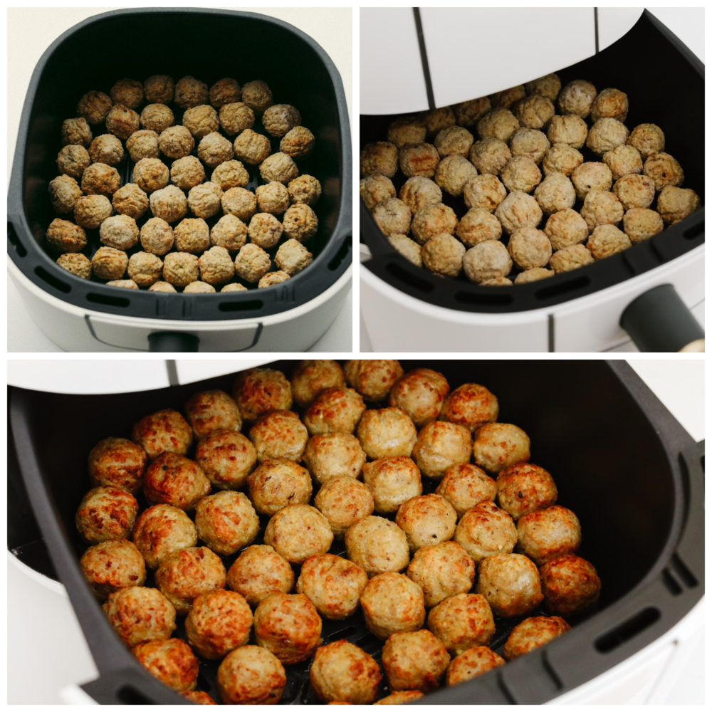 3 pictures showing how to add meatballs to an air fryer basket and cook them. 