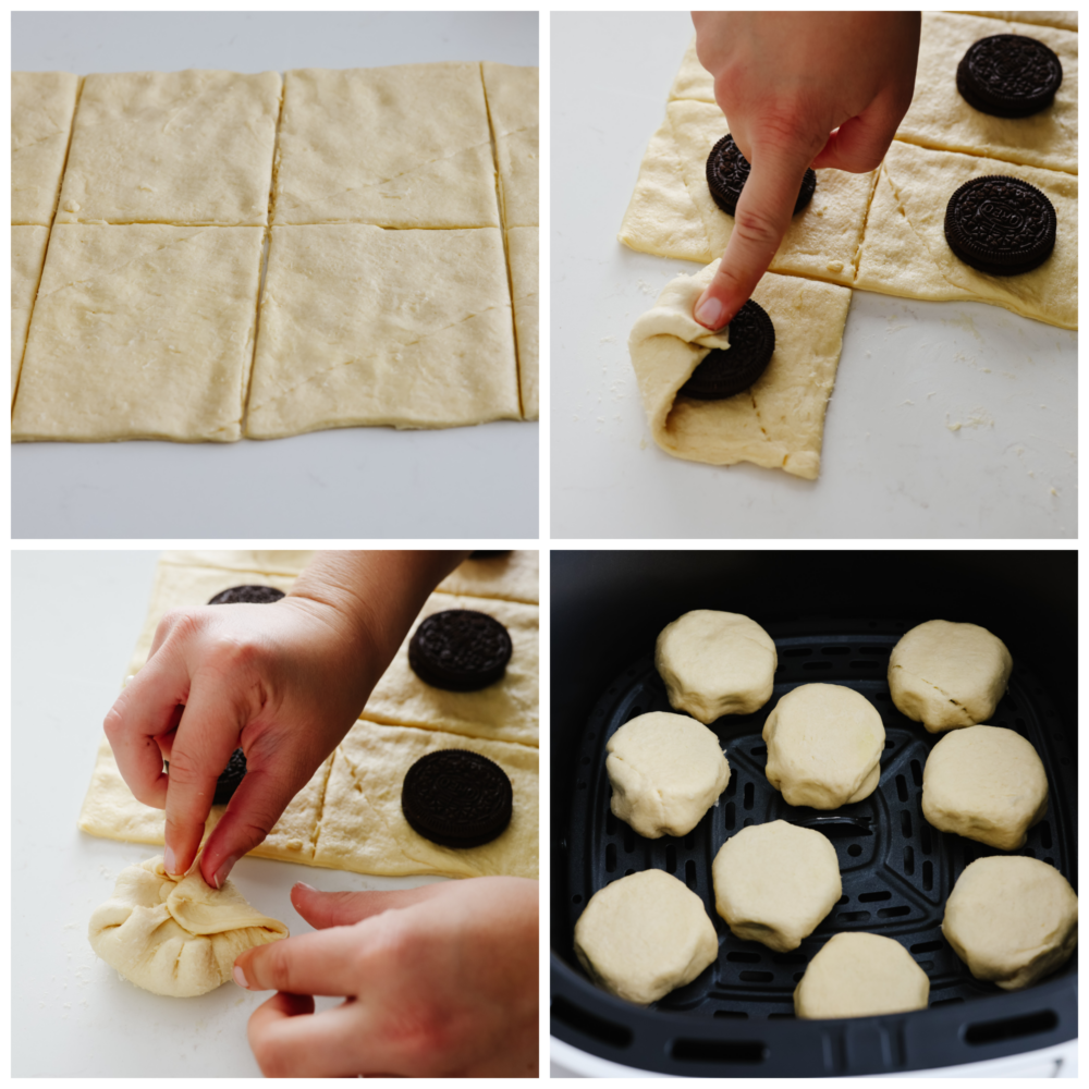 4-photo collage of air fryer Oreos being formed and placed in an air fryer basket.