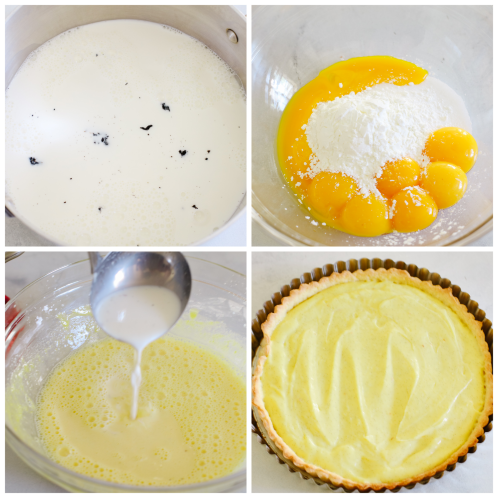 4-photo collage of custard filling being prepared.