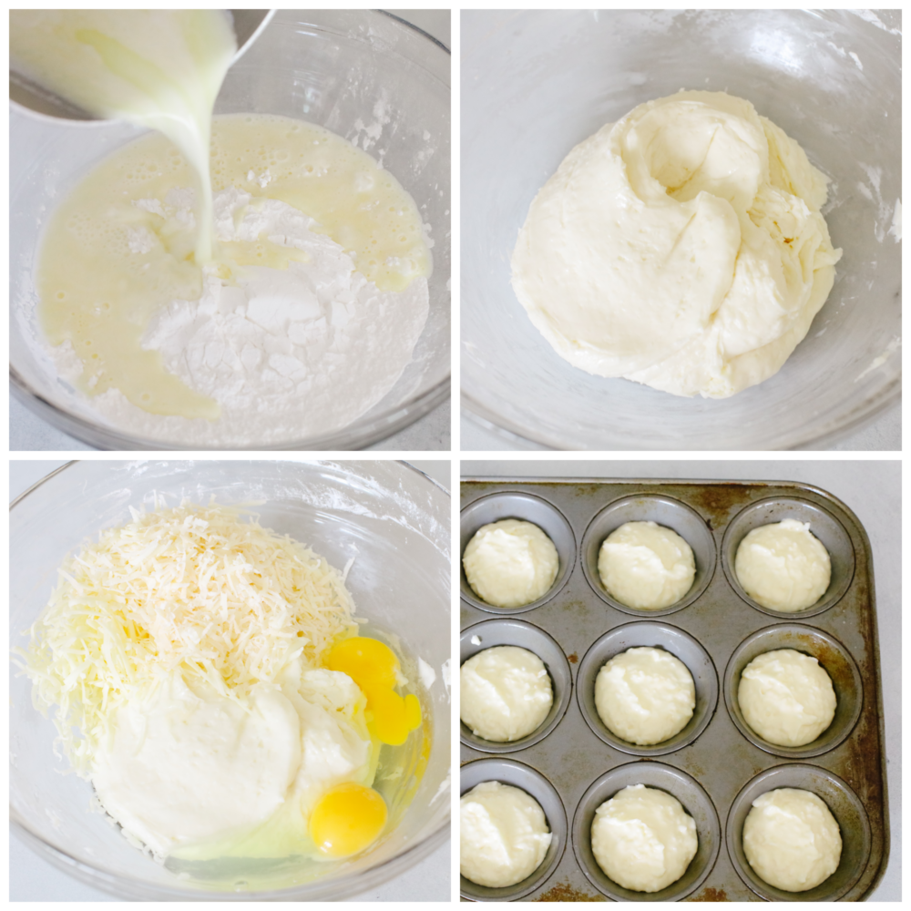 4 pictures showing how to make dough and put it into a muffin tin. 