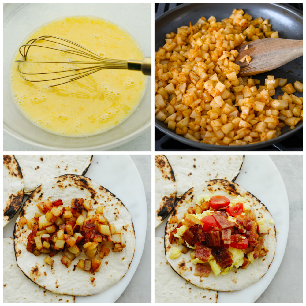 4 pictures showing how to make the potatoes and eggs and add them to a tortilla. 