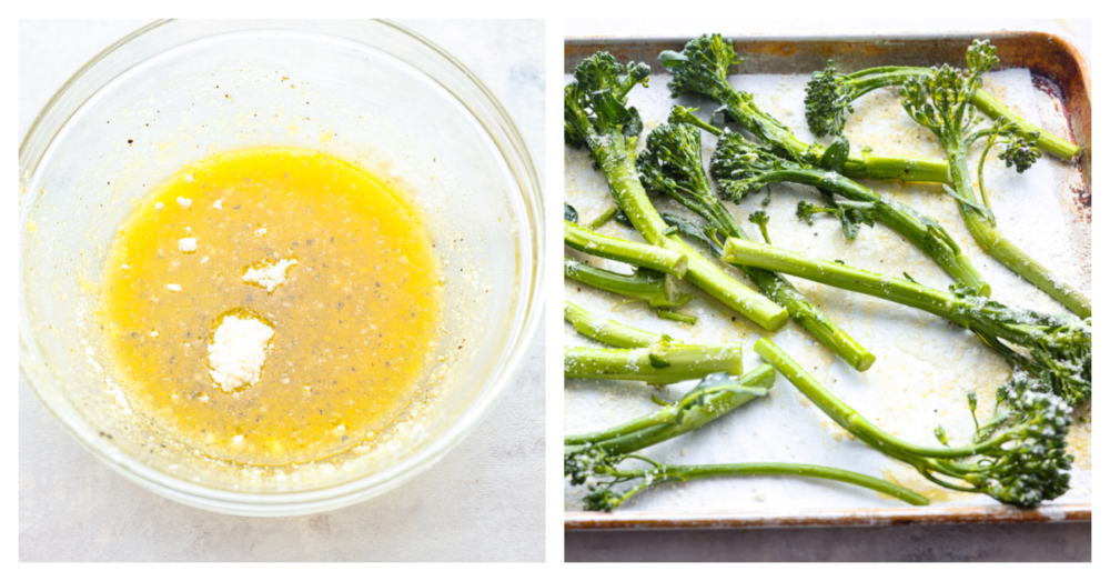 2 pictures showing the ingredients combined in a glass bowl and then broccolini on a baking sheet with parchment paper. 