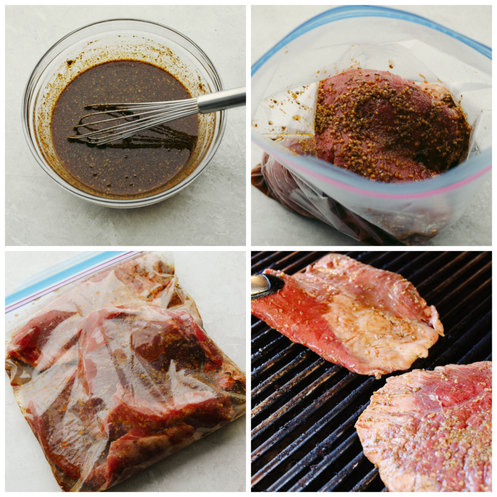 4 procesfoto's van het maken van carne asada.  Eerste foto is een schaaltje van de marinade met een garde.  Tweede foto is het vlees en de marinade in een afsluitbare zak.  Derde foto is de zak verzegeld met vlees dat erin marineert.  Vierde foto is vlees koken op de grill.