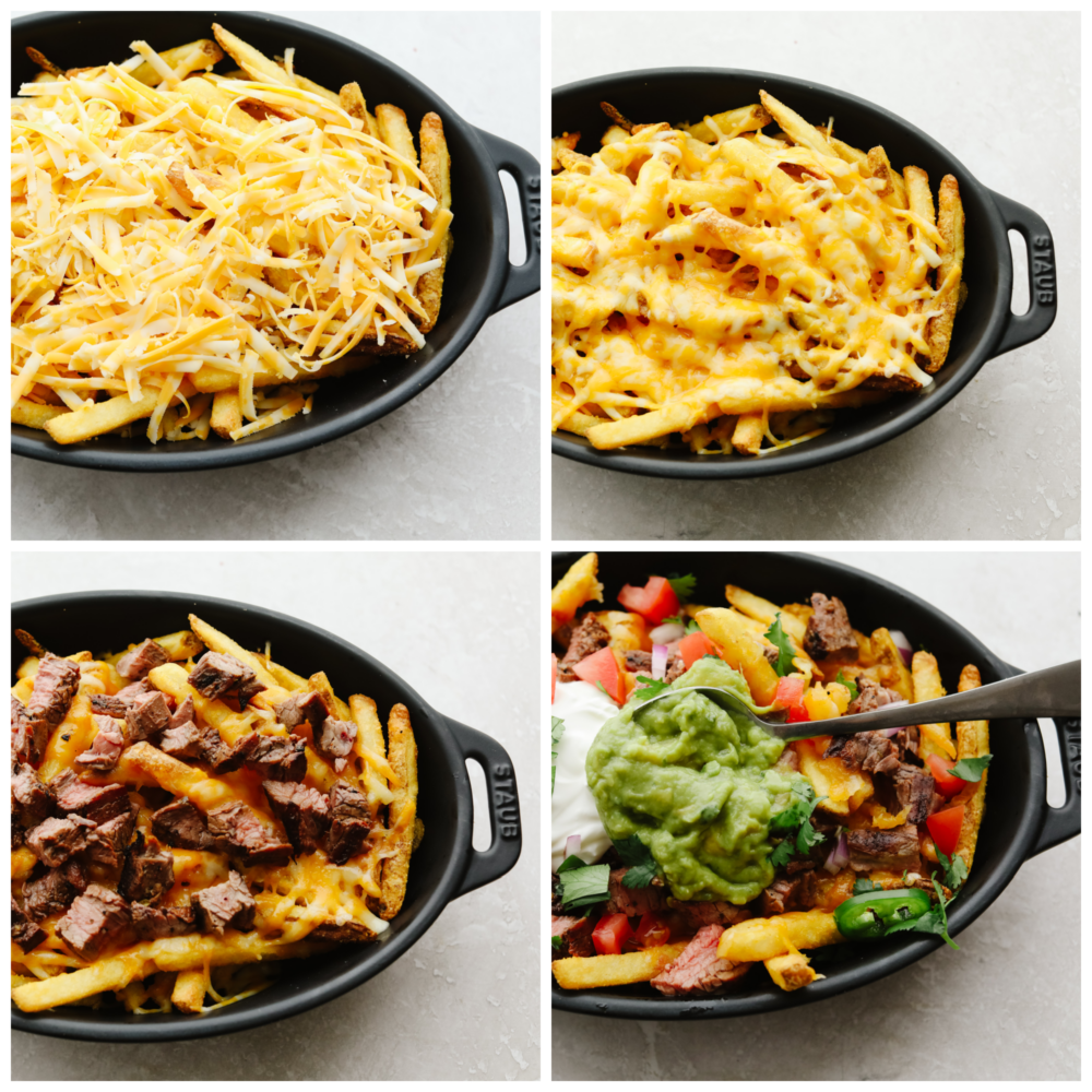 4-photo collage of toppings being added to fries.