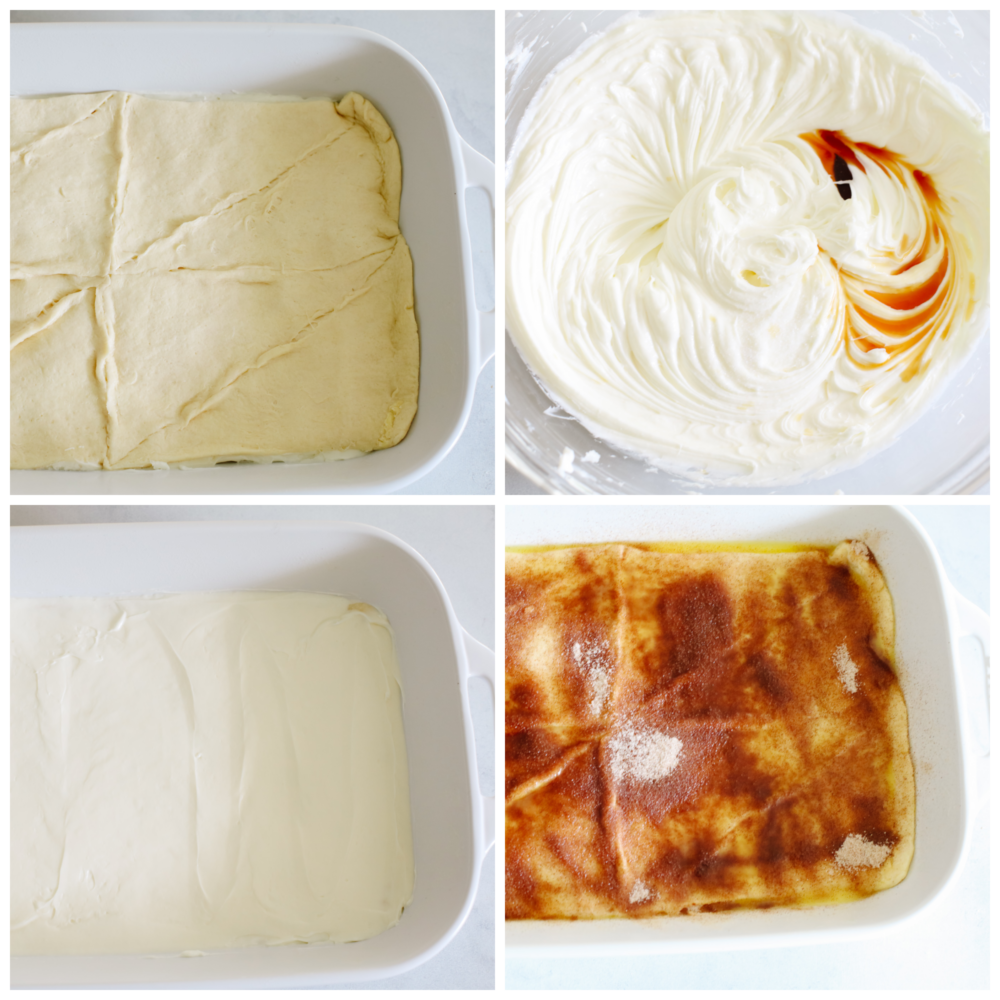 4 pictures showing how to add the crescent dough and the filling to the pan. 