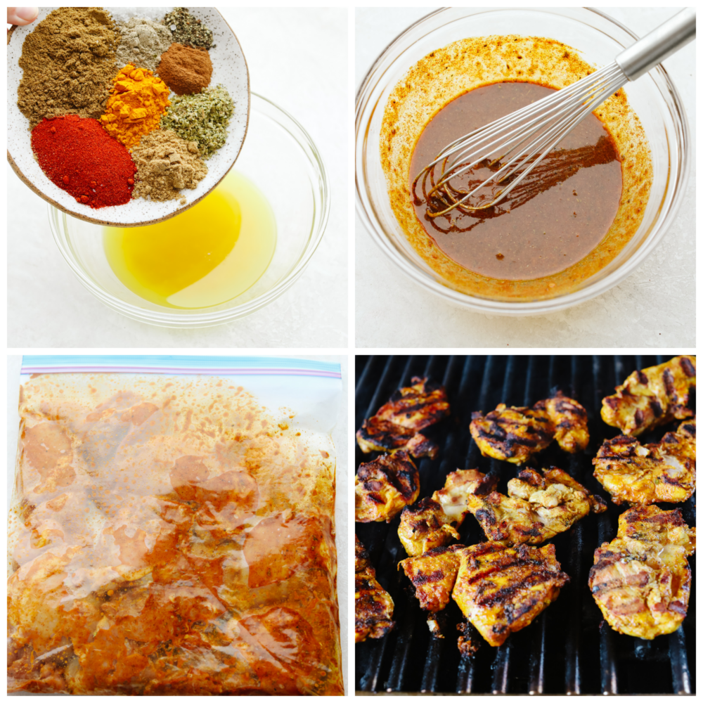 4 immagini che mostrano come fare la marinata e grigliare il pollo. 