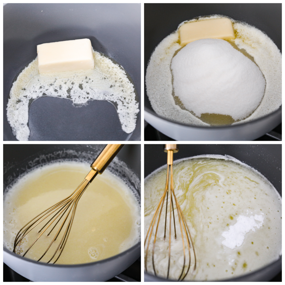 4-photo collage of butter being melted in a skillet and mixed with the other syrup ingredients.