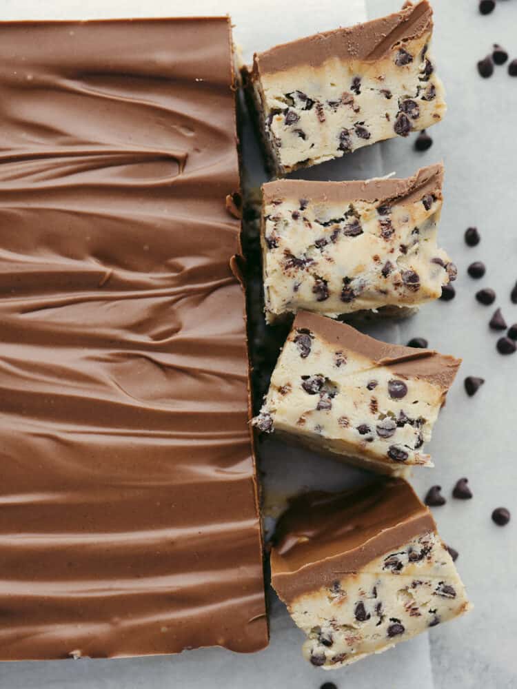 The top view of chocolate chip cookie dough bars. 