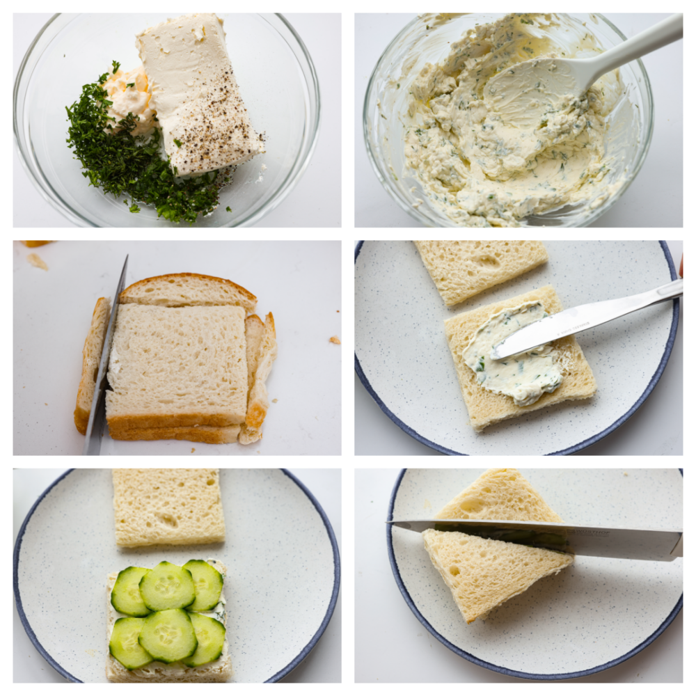 Cool and crisp, cucumber sandwiches are the perfect summer appetizer! Each sandwich is lined with a creamy lemon herb spread for a pop of zesty flavor. You'll love them! 6-photo collage of cream cheese spread and sandwiches being prepared.