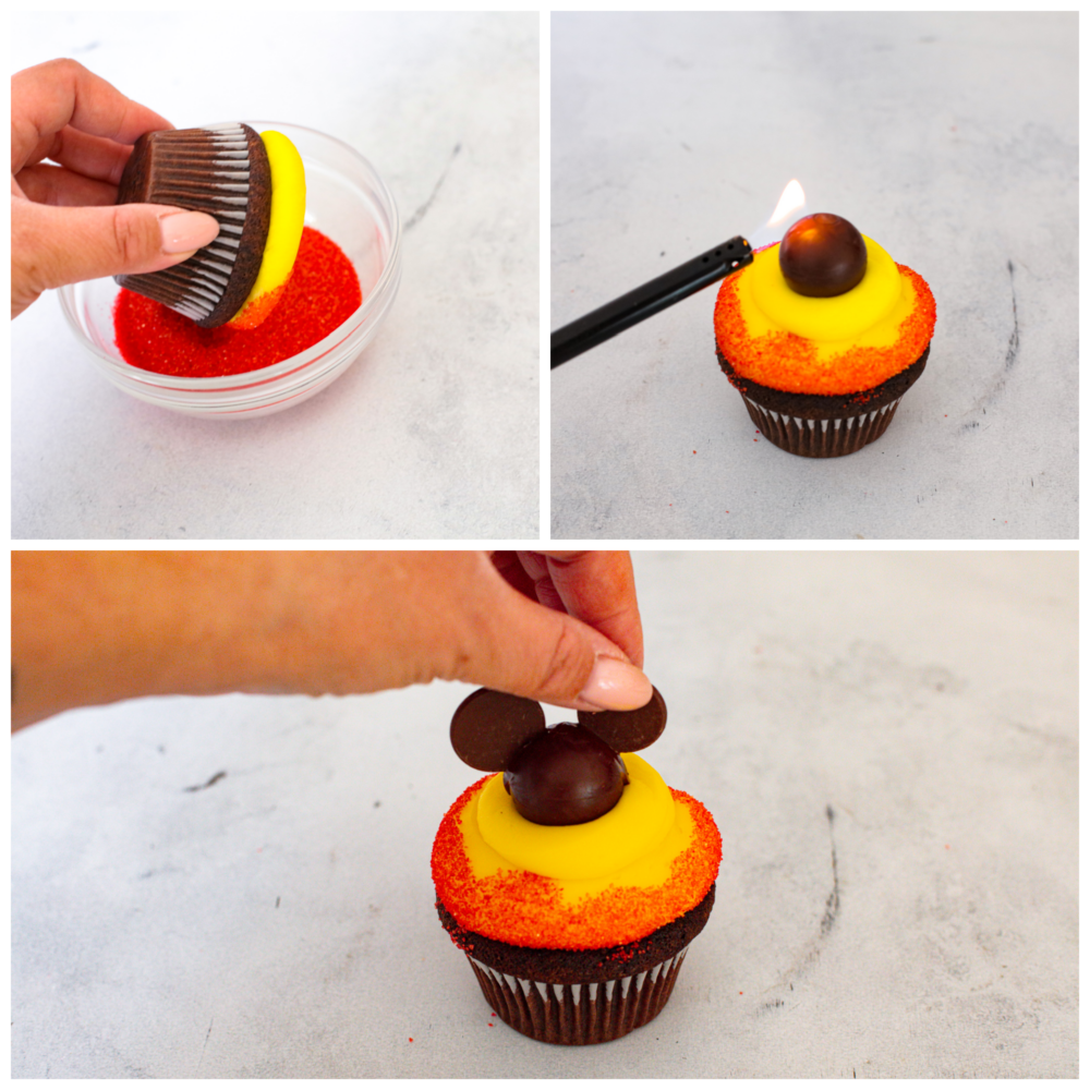 3 pictures showing how to add toppings to the cupcakes. 
