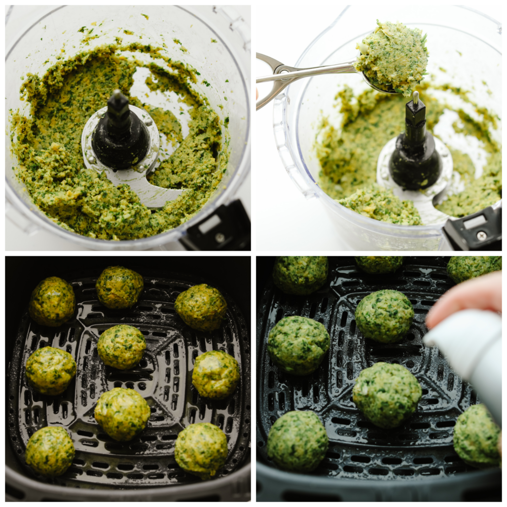 Four photos of how to make falafel.  First photo is blended ingredients in a food processor.  Second photo is scooping balls of the mixture with a cookie scoop.  Third photo is placing balls in the air fryer.  Fourth photo is spraying the balls with non stick cooking spray.
