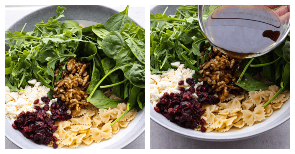 Salata malzemelerinin üzerine dökülen vinaigrette 2-fotoğraf kolajı.