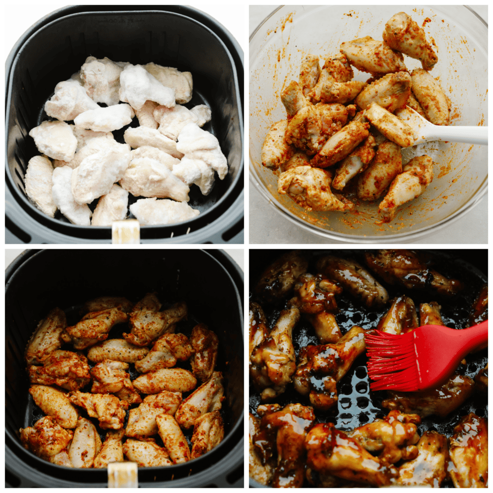 4-photo collage of wings being brushed with sauce and cooked in an air fryer.