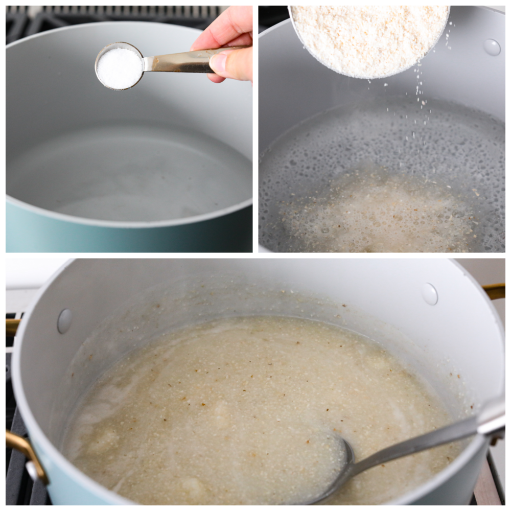 3 pictures showing how to add ingredients to pot. 