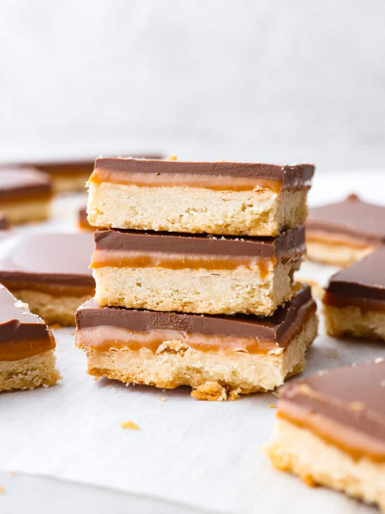 A stack of homemade twix bars. 