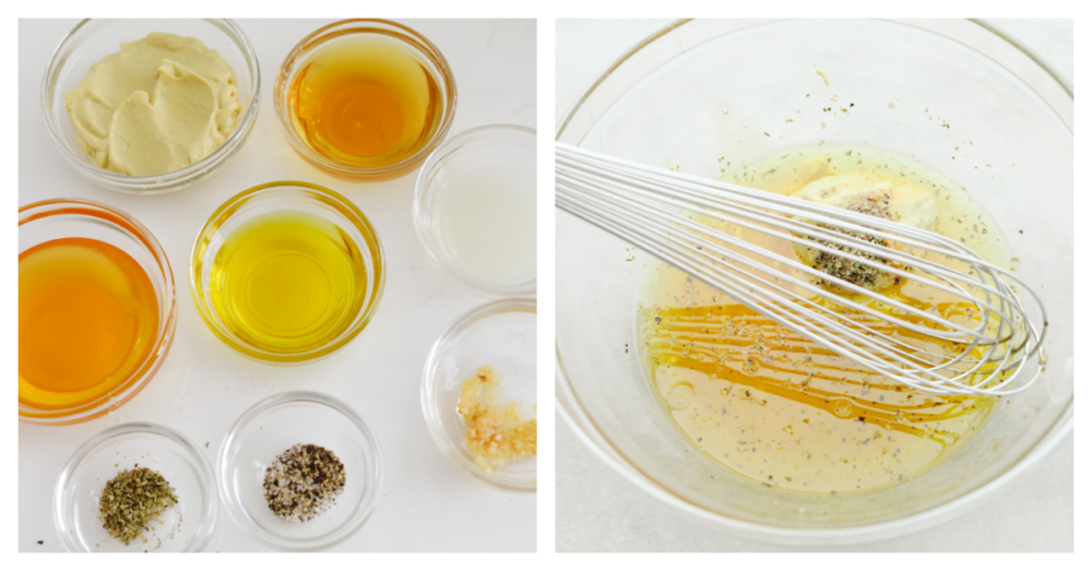 2-photo collage of dressing ingredients measured out and then being whisked together.