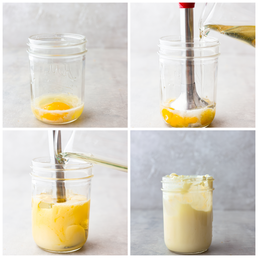 Four process photos of how to make mayonnaise.  First photo is a mason jar with egg, lemon juice, and salt.  Second photo of hand blender blending in the oil as it pours in.  Third photo is the hand blender blending all the ingredients in the mason jar.  Fourth photo is the linty finished mayonnase in the mason jar.