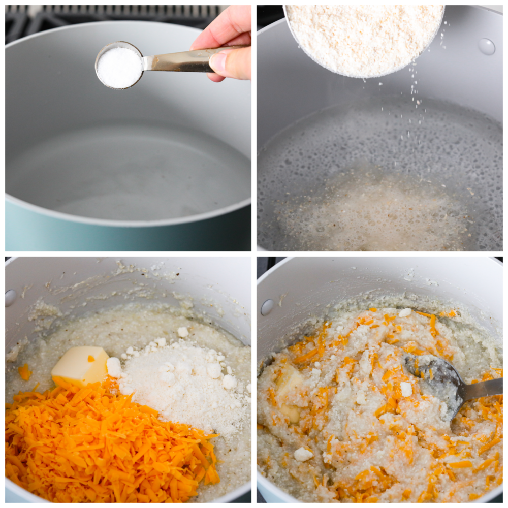 First process photo of a large pot with water and salt being added.  Second photo is grits being added to a pot of boiling water.  Third photo is butter, cheddar cheese, and parmesan cheese added to the pot of grits.  Fourth photo is a metal spoon stirring the cheese into the grits.