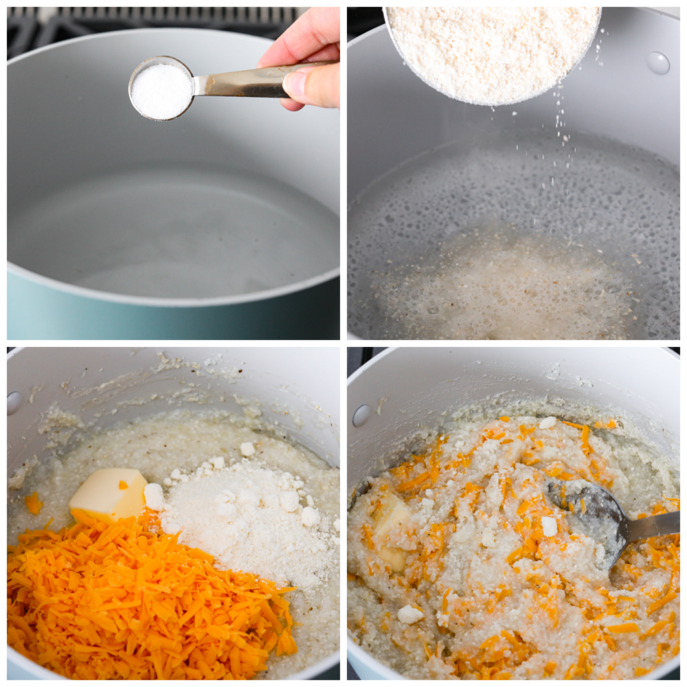 First process photo of a large pot with water and salt being added. Second photo is grits being added to a pot of boiling water. Third photo is butter, cheddar cheese, and parmesan cheese added to the pot of grits. Fourth photo is a metal spoon stirring the cheese into the grits.