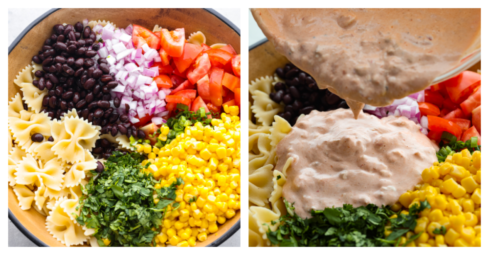 2 pictures showing the ingredients in a bowl (not mixed together) and the dressing being poured on them. 