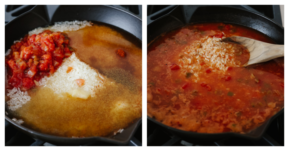 2 pictures showing how to cook Mexican rice in a skillet. 