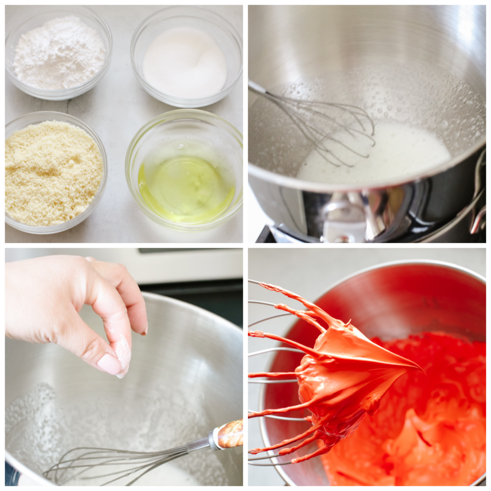 4-photo collage of macaron batter being prepared.