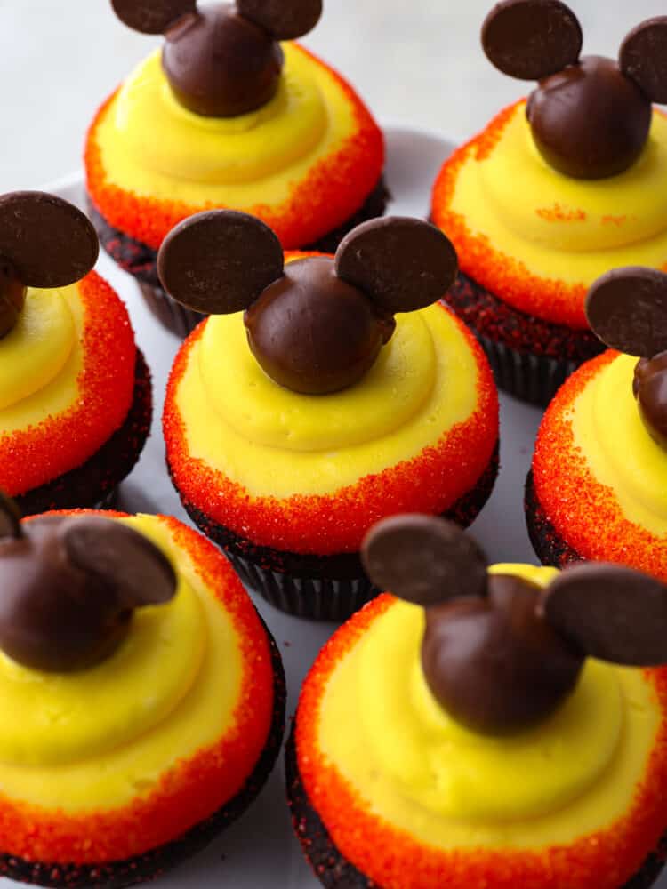 The top view of a few Mickey Mouse cupcakes. 