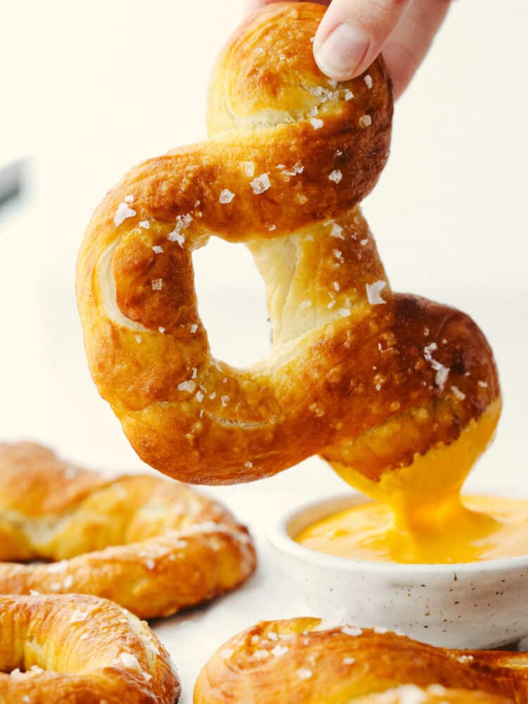 A Mickey pretzel stuff dipped into cheese sauce. 