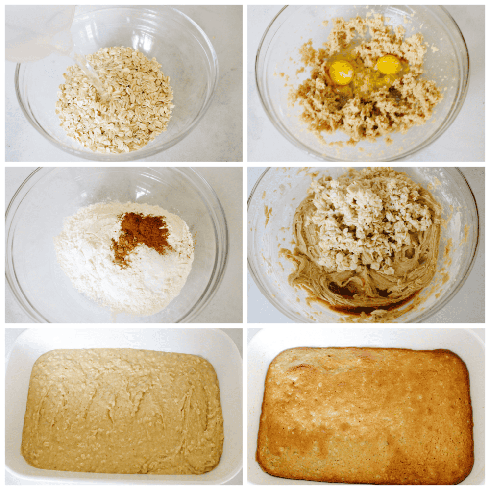 6 pictures showing how to make the cake batter for oatmeal cake. 