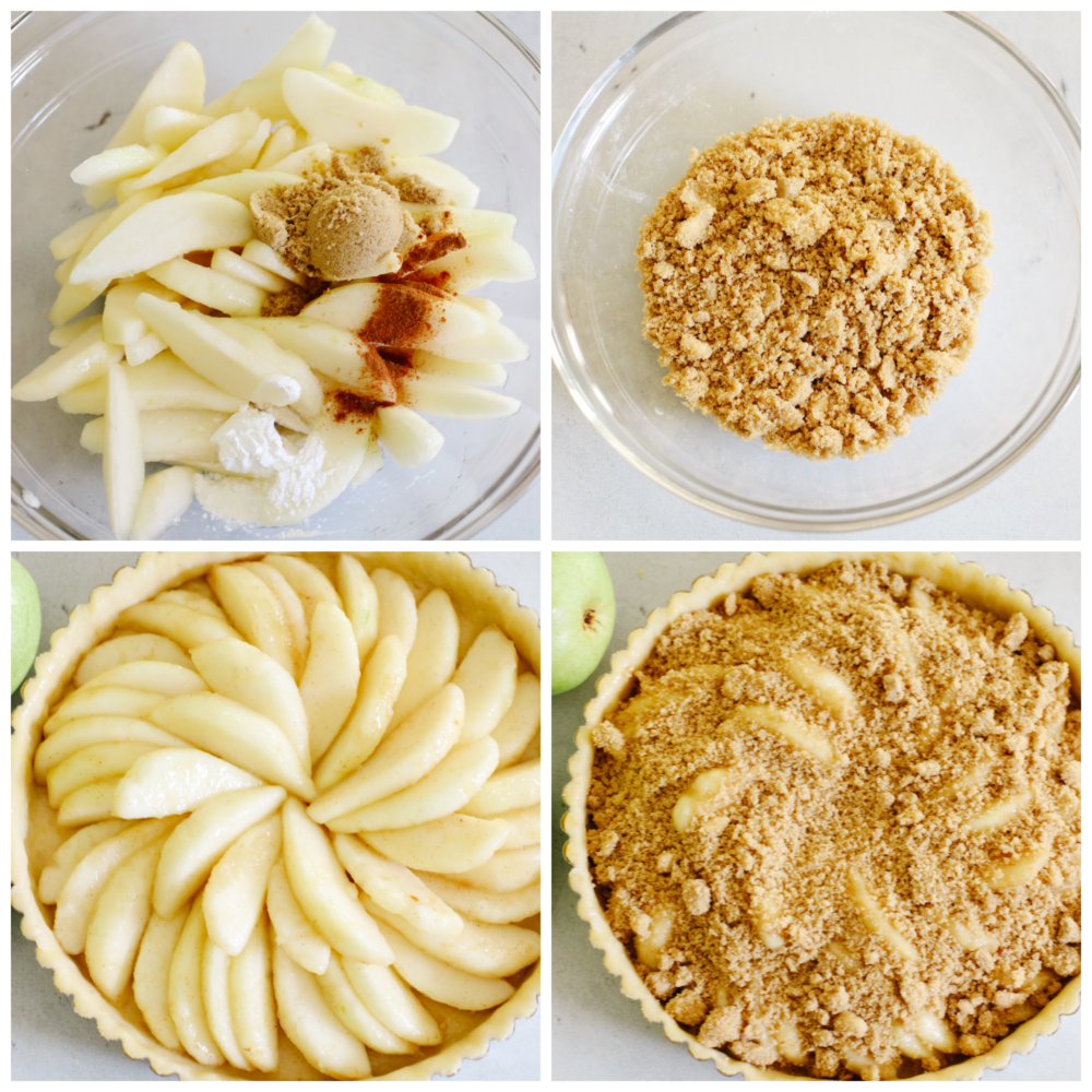4 pictures showing how to make the crumb topping and assemle a pear tart. 