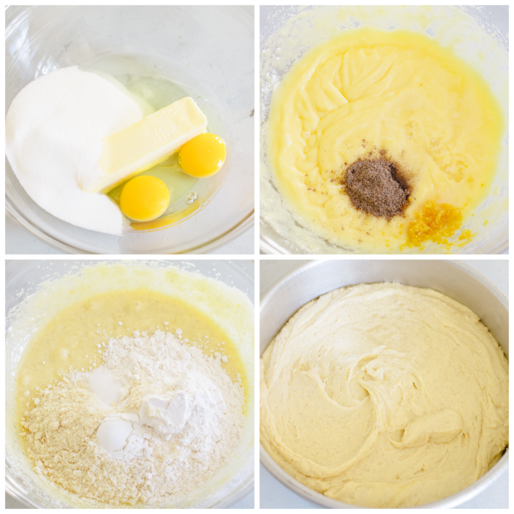 4 pictures showing how to mix up cake batter. 