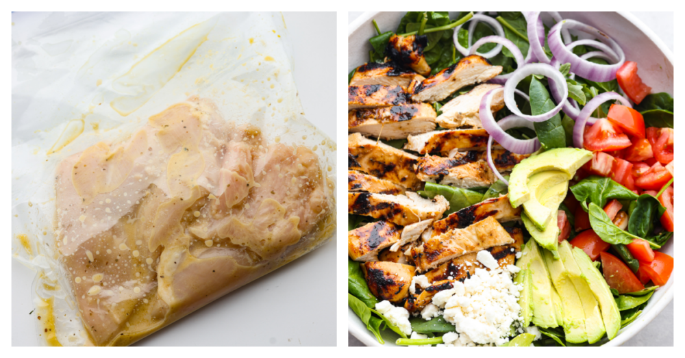 2 foto's die laten zien hoe je de kip marineert en een foto van de salade-ingrediënten in een kom. 