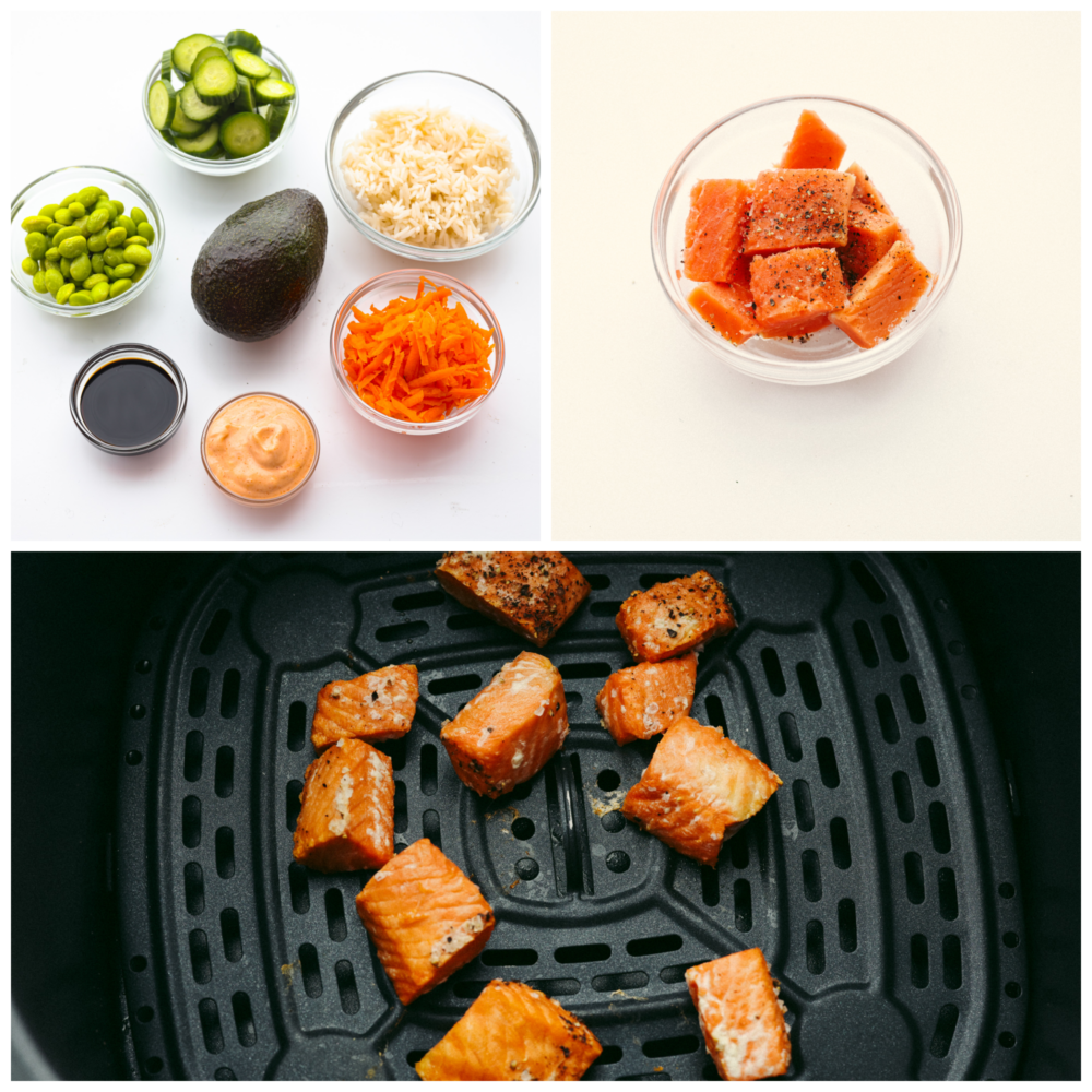 Three photos of the process for making salmon rice bowls.  First photo is all the ingredients in bowls, second photo is the uncooked salmon in a bowl, and the third photo is the cooked salmon pieces in the air fryer.
