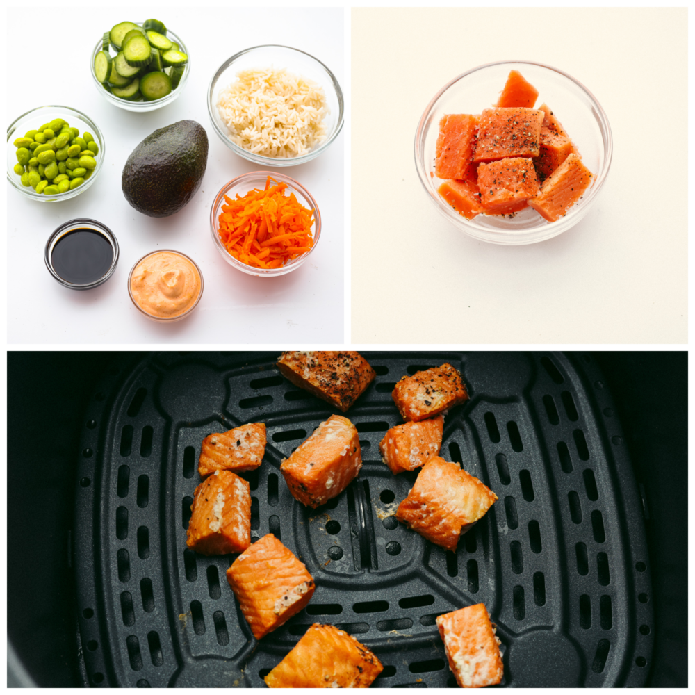 Three photos of the process for making salmon rice bowls. First photo is all the ingredients in bowls, second photo is the uncooked salmon in a bowl, and the third photo is the cooked salmon pieces in the air fryer.