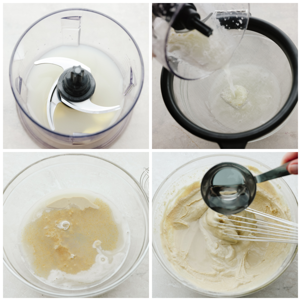 4 pictures showing how to add the ingredients to a food processor and blend them together. 