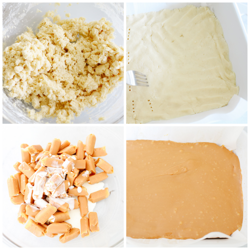 4 pictures showing how to make the husks and the caramel layer. 