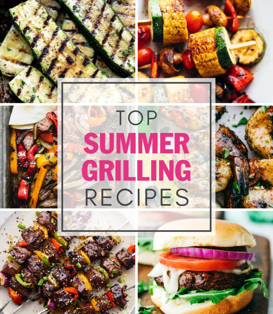 A collage of 6 grilling recipes with the text on top that says "Top Summer Grilling Recipes"