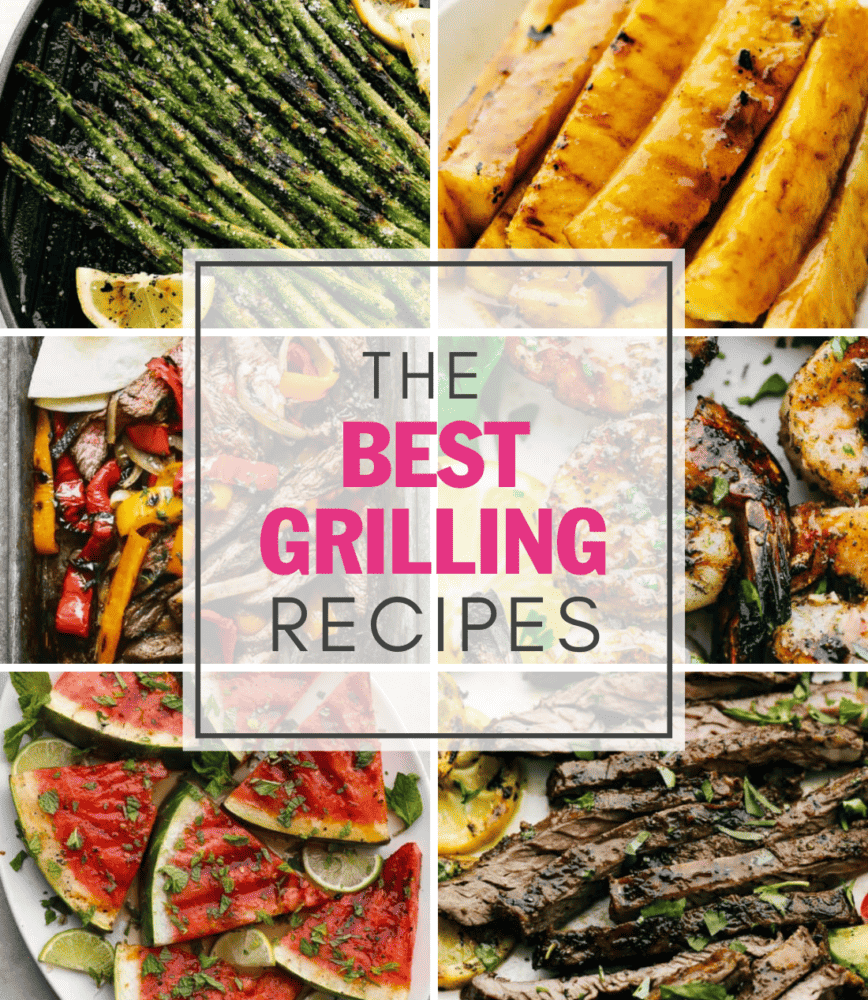 A collage of 6 pictures of grilled foods with the words "The Best Grilling Recipes" in the middle. 