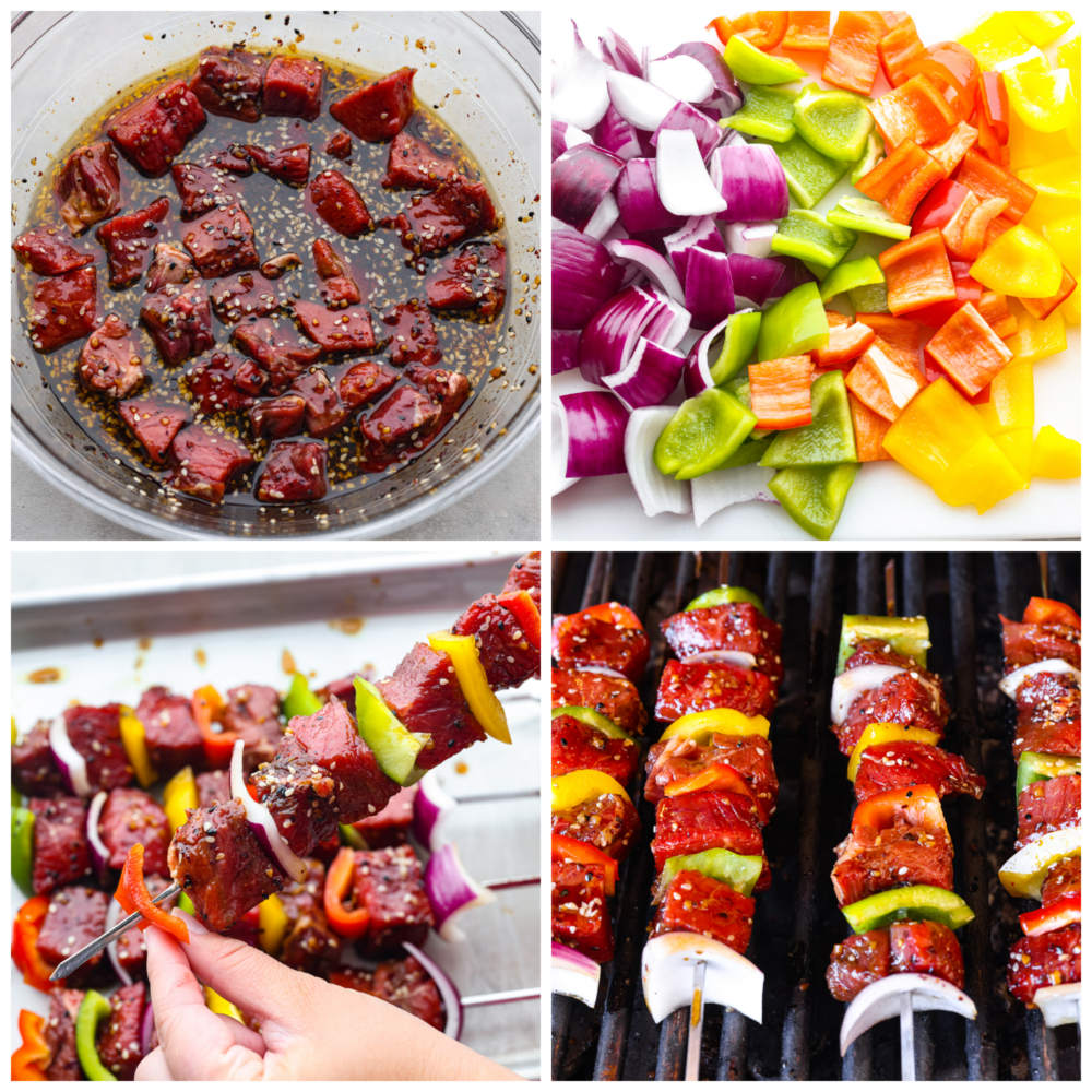 4 pictures showing how to marinate the steak, cut up the veggies and cook them on the skewers. 