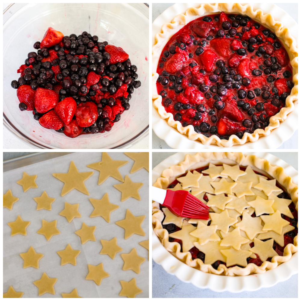 4-photo collage of a berry pie being prepared.
