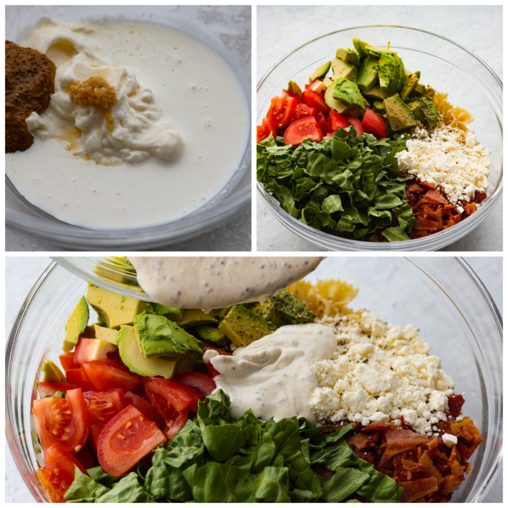 3 pictures showing how to make the dressing and toss it with the salad in a glass bowl. 