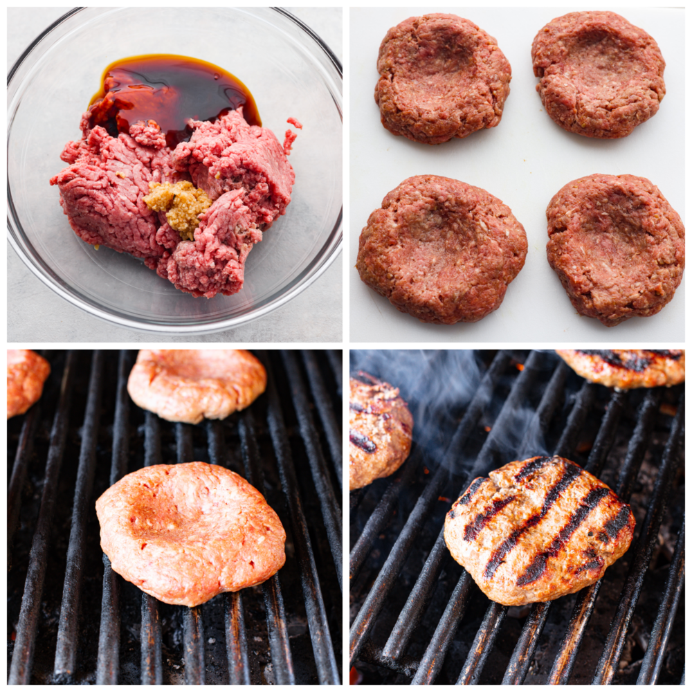 4 pictures showing how to make the hamburger patties and cook them on the grill. 